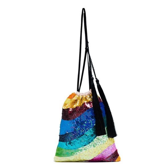 Attico Handbags - Attico silk rainbow sequins drawstring pouch bag with tassel